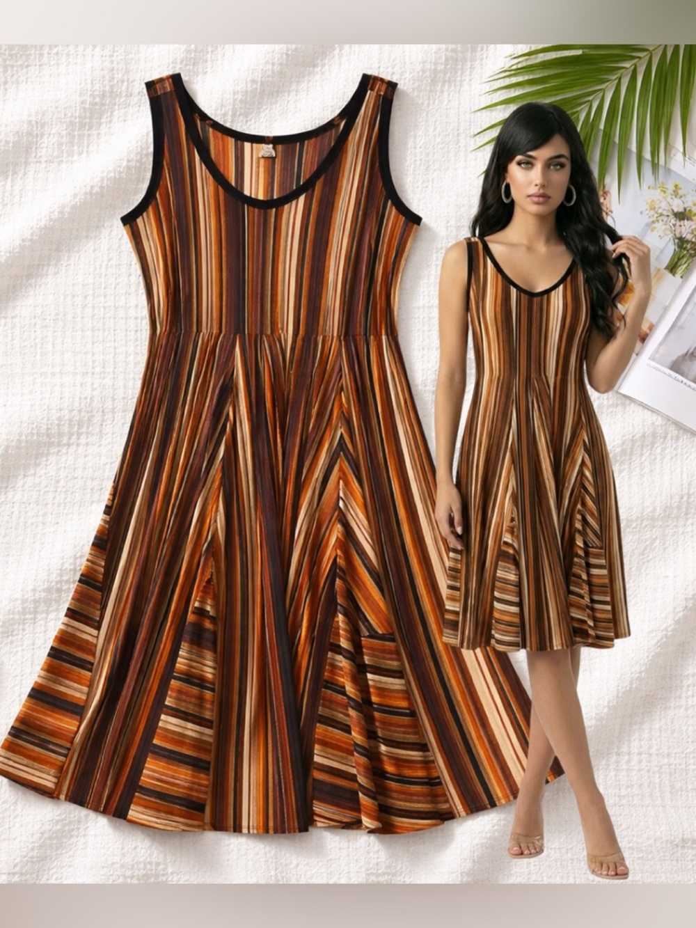 🛍️ PerSeption Concept Brown Striped Sleeveless Fit and Flare MidiDress SZ LG XLG